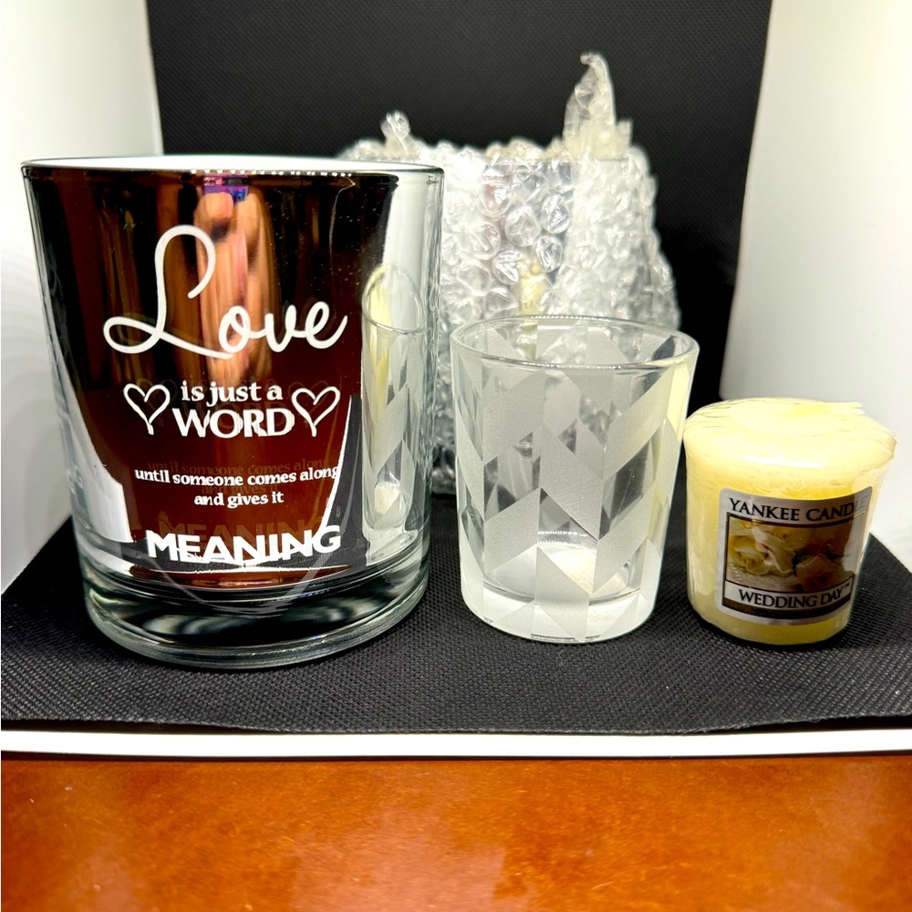 Kahn Decor Candle Holder Cups Love is Just A Word Set of 2 + 2 candles NIB